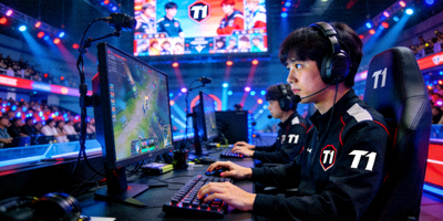电竞比赛现场，T1战队选手专注操作